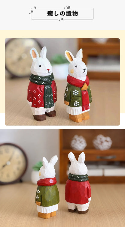 ミニチュア 冬のうさぎ 木製 可愛い 手作り 木彫り 置物 癒し 厄除け 開運 オブジェ 小さい 玄関 風水 引越し祝い 贈り物 プレゼント 幸運 木製雑貨