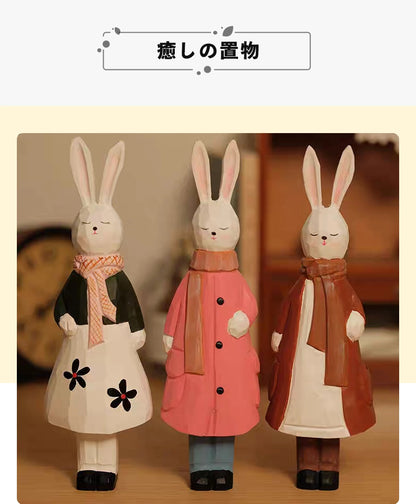 ミニチュア エレガントな親子うさぎ 木製 可愛い 手作り 木彫り 置物 癒し 厄除け 開運 オブジェ 小さい 玄関 風水 引越し祝い 贈り物 プレゼント 幸運 木製雑貨（副本）