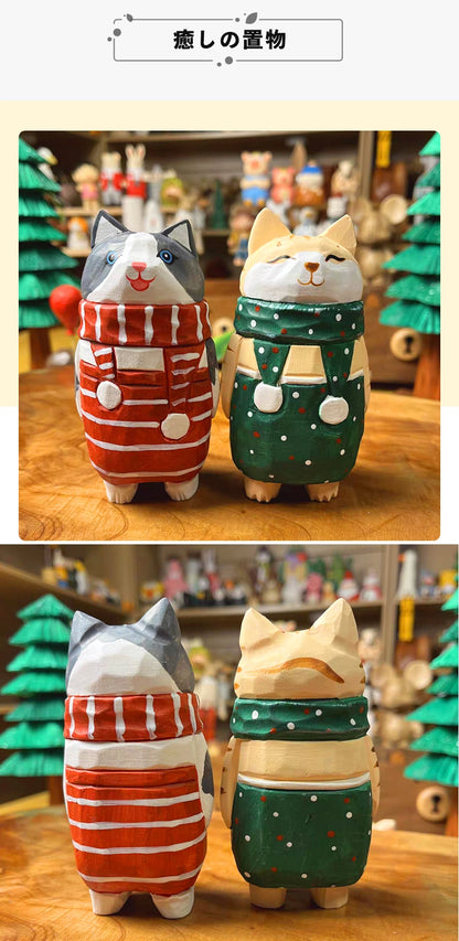 ミニチュア 冬の猫 木製 可愛い 手作り 木彫り 猫グッズ 置物 癒し 厄除け 開運 オブジェ 小さい 玄関 風水 引越し祝い 贈り物 プレゼント 幸運 木製雑貨