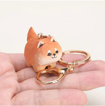 【名入れ｜2点セット｜ラッピング付き】木製 犬 キーホルダー  名入れ無料 動物 可愛い バッグチャーム ペア 彼女/友達への贈り物 木彫り 誕生日プレゼント ミニチュア 癒し 犬グッズ