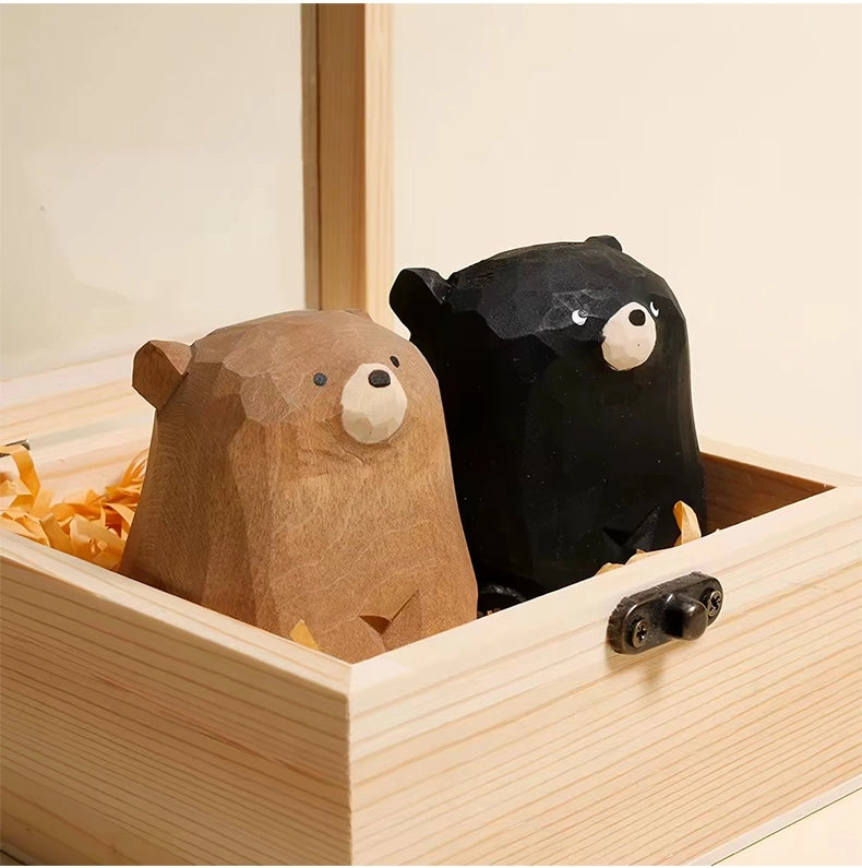 【名入れ｜2点セット｜ラッピング付き】ミニチュア 親子熊 可愛い 手作り 木彫り ペア 置物 癒し 厄除け オブジェ 小さい 玄関 風水 引越し祝い 贈り物 プレゼント 幸運 木製 雑貨