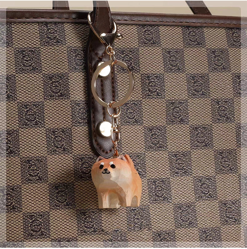 【名入れ｜2点セット｜ラッピング付き】木製 犬 キーホルダー  名入れ無料 動物 可愛い バッグチャーム ペア 彼女/友達への贈り物 木彫り 誕生日プレゼント ミニチュア 癒し 犬グッズ