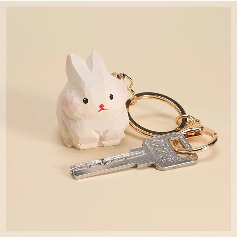 【名入れ｜2点セット｜ラッピング付き】木製 うさぎ キーホルダー  名入れ無料 動物 可愛い 兎 バッグチャーム ペア 彼女/友達への贈り物 木彫り 誕生日プレゼント ミニチュア 癒し
