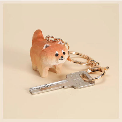 【名入れ｜2点セット｜ラッピング付き】木製 犬 キーホルダー  名入れ無料 動物 可愛い バッグチャーム ペア 彼女/友達への贈り物 木彫り 誕生日プレゼント ミニチュア 癒し 犬グッズ