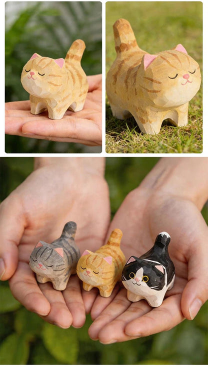 【名入れ｜2点・３点セット｜ラッピング付き】ミニチュア 猫 可愛い 手作り 木彫り 置物 癒し 厄除け 猫グッズ オブジェ 小さい 玄関 風水 引越し祝い 贈り物 プレゼント 幸運 木製 雑貨 - RabbPig