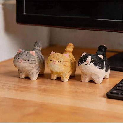 【名入れ｜2点・３点セット｜ラッピング付き】ミニチュア 猫 可愛い 手作り 木彫り 置物 癒し 厄除け 猫グッズ オブジェ 小さい 玄関 風水 引越し祝い 贈り物 プレゼント 幸運 木製 雑貨 - RabbPig