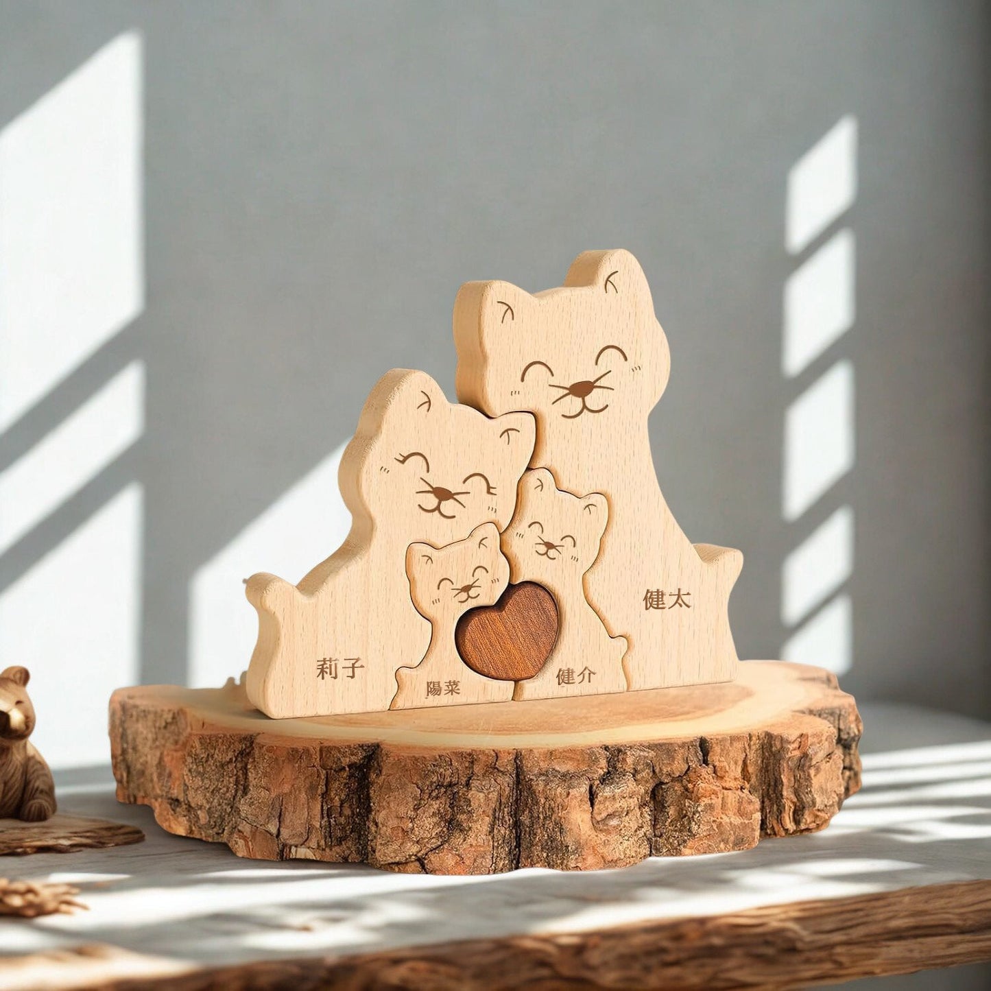 名入れ木製パズル 優しげな猫｜出産祝い・木婚式・誕生日プレゼントに｜内祝い・結婚記念日・敬老の日贈り物 ｜双子・３人目妊婦さんにも｜30代～50代の妻/両親/母親/父親へ｜癒しのインテリア - RabbPig