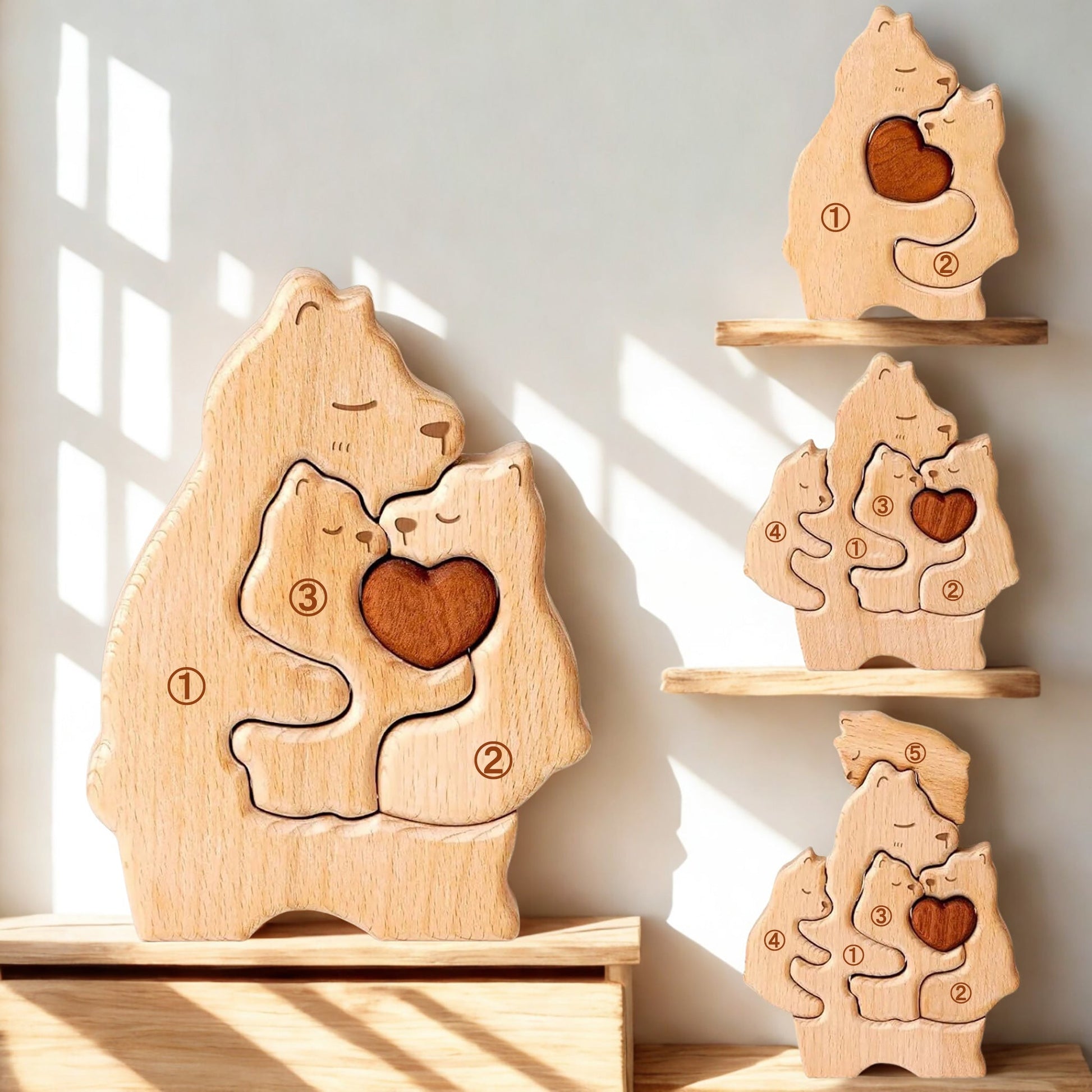 名入れ木製パズル 子連れの熊｜出産祝い・木婚式・誕生日プレゼントに｜母の日・内祝い・結婚記念日・敬老の日贈り物 ｜双子・３人目妊婦さんにも｜30代～50代の妻/両親/母親/父親へ｜癒しのインテリア - RabbPig