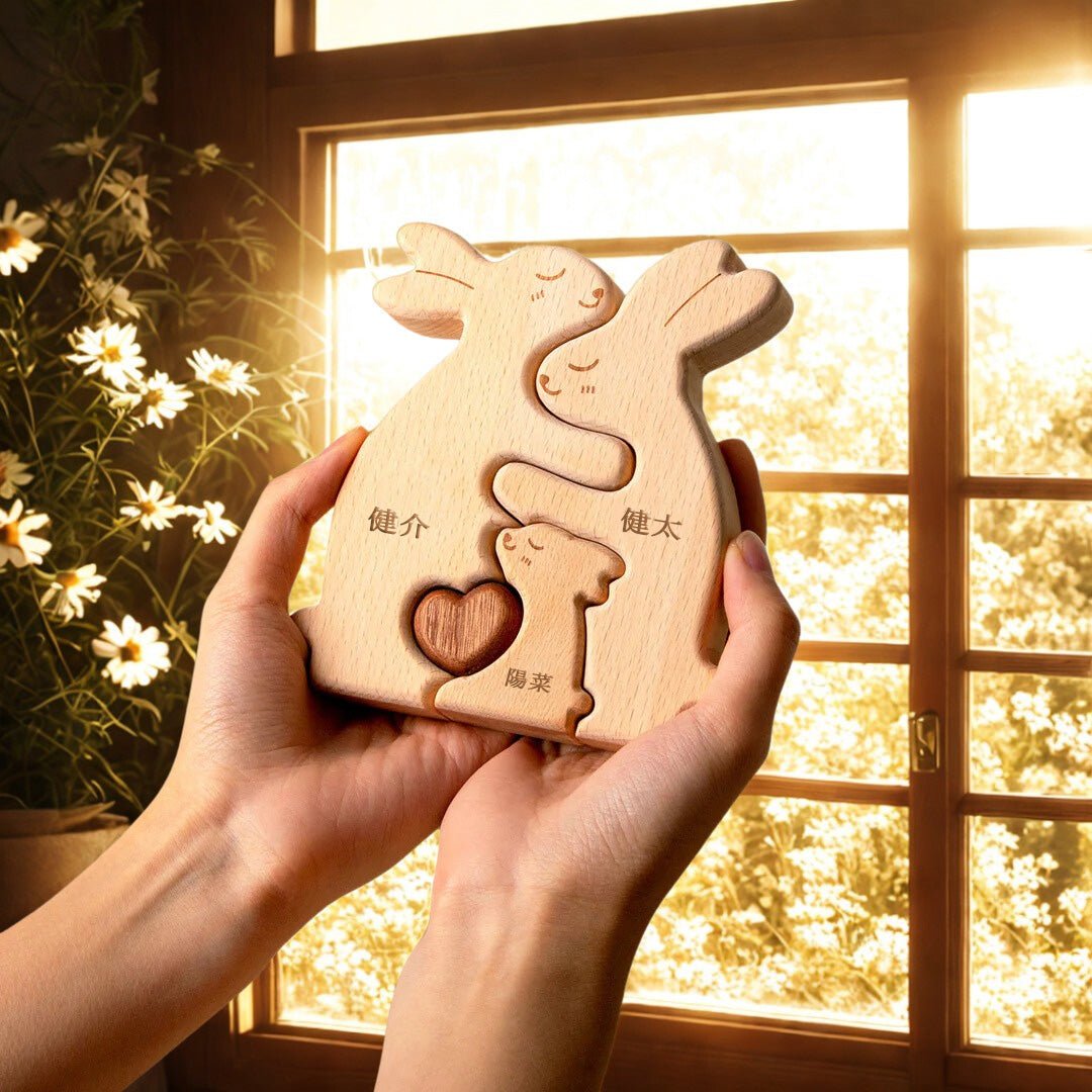 名入れ木製パズル 兎｜出産祝い・木婚式・誕生日プレゼントに｜内祝い・結婚記念日・敬老の日贈り物 ｜双子・３人目妊婦さんにも｜30代～50代の妻/両親/母親/父親へ｜癒しのインテリア - RabbPig