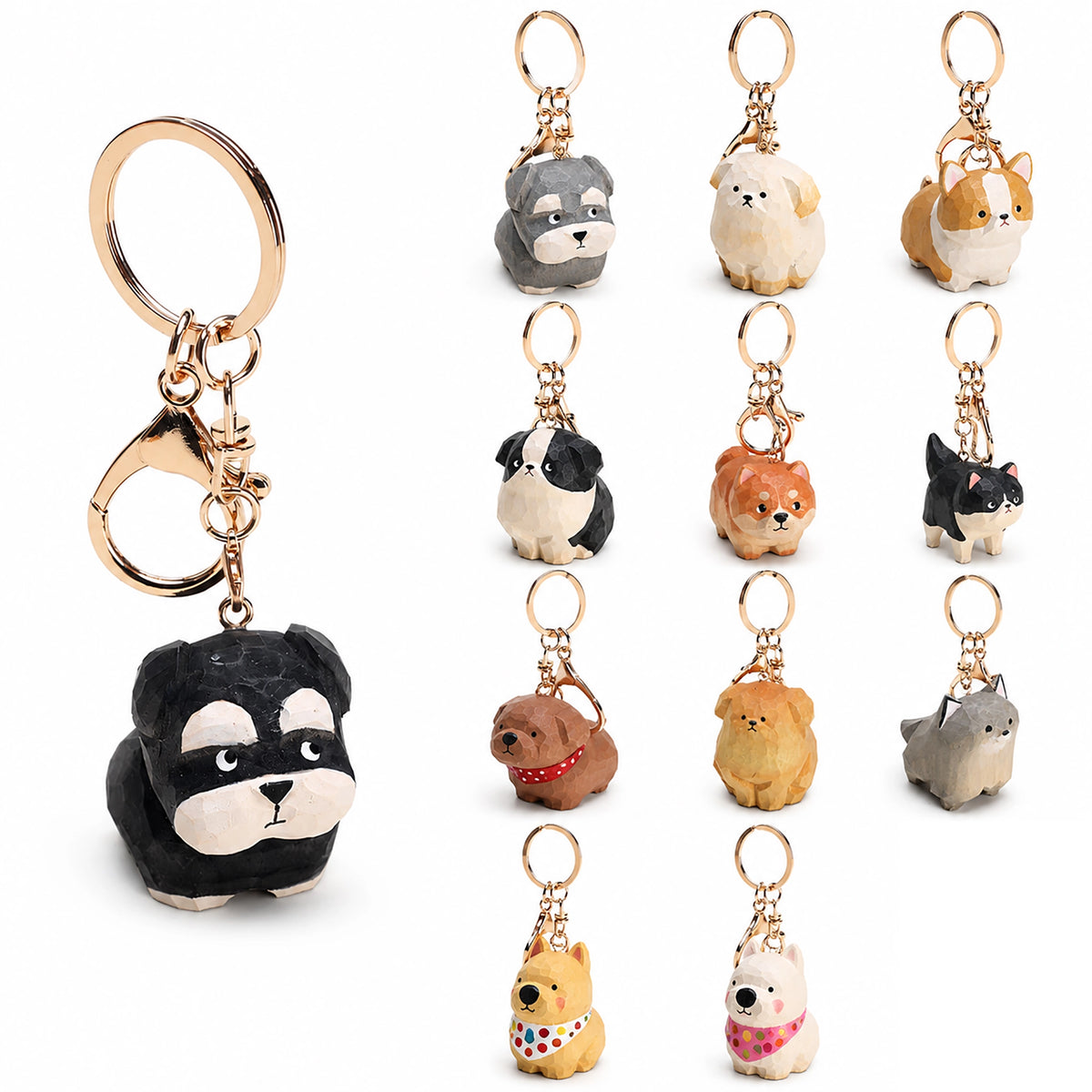 【名入れ｜2点セット｜ラッピング付き】木製 犬 キーホルダー  名入れ無料 動物 可愛い バッグチャーム ペア 彼女/友達への贈り物 木彫り 誕生日プレゼント ミニチュア 癒し 犬グッズ