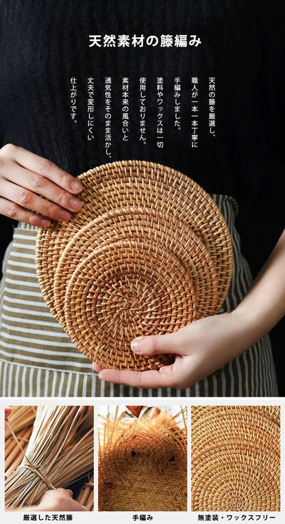 ラタンコースター 鍋敷き 丸 断熱 ラタン コースター 8cm 10cm 13cm 16cm 18cm 20cm 可愛い 洗える 手作り 籐編み エスニック バリ雑貨 トレー ソーサー 天然素材 ナチュラル - RabbPig