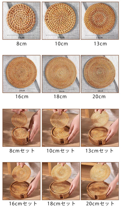 ラタンコースター 鍋敷き 丸 断熱 ラタン コースター 8cm 10cm 13cm 16cm 18cm 20cm 可愛い 洗える 手作り 籐編み エスニック バリ雑貨 トレー ソーサー 天然素材 ナチュラル - RabbPig