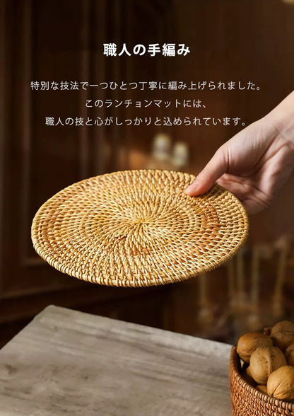 ラタンコースター 鍋敷き 丸 断熱 ラタン コースター 8cm 10cm 13cm 16cm 18cm 20cm 可愛い 洗える 手作り 籐編み エスニック バリ雑貨 トレー ソーサー 天然素材 ナチュラル - RabbPig