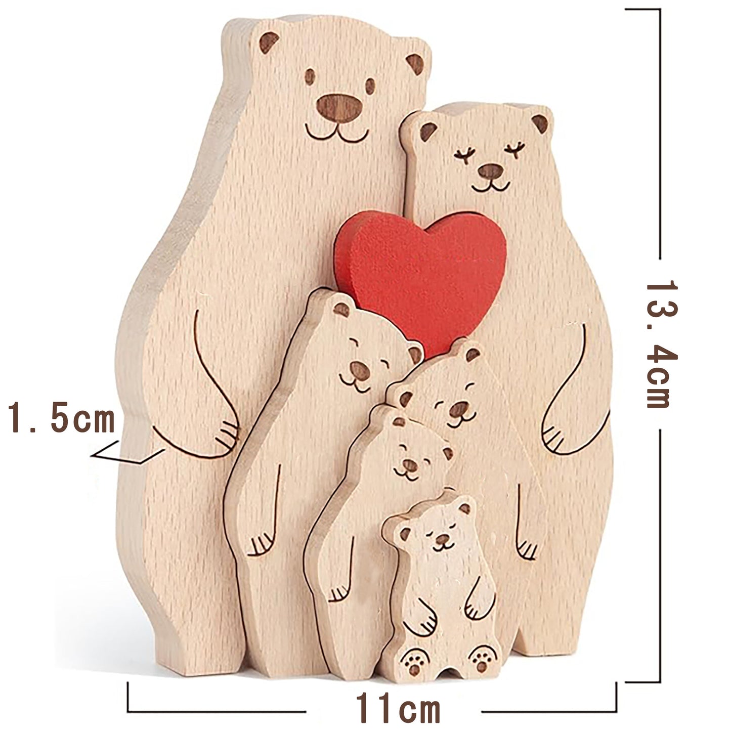 温かいくま家族の名入れ木製パズル。愛らしい熊とそれを見守る熊の親が、幸せな家族のひとときを切り取ったようなほっこりするデザイン。ご家族の絆を祝う出産祝いや、新たな家庭を築く二人への結婚祝いの贈り物にぴったりです。