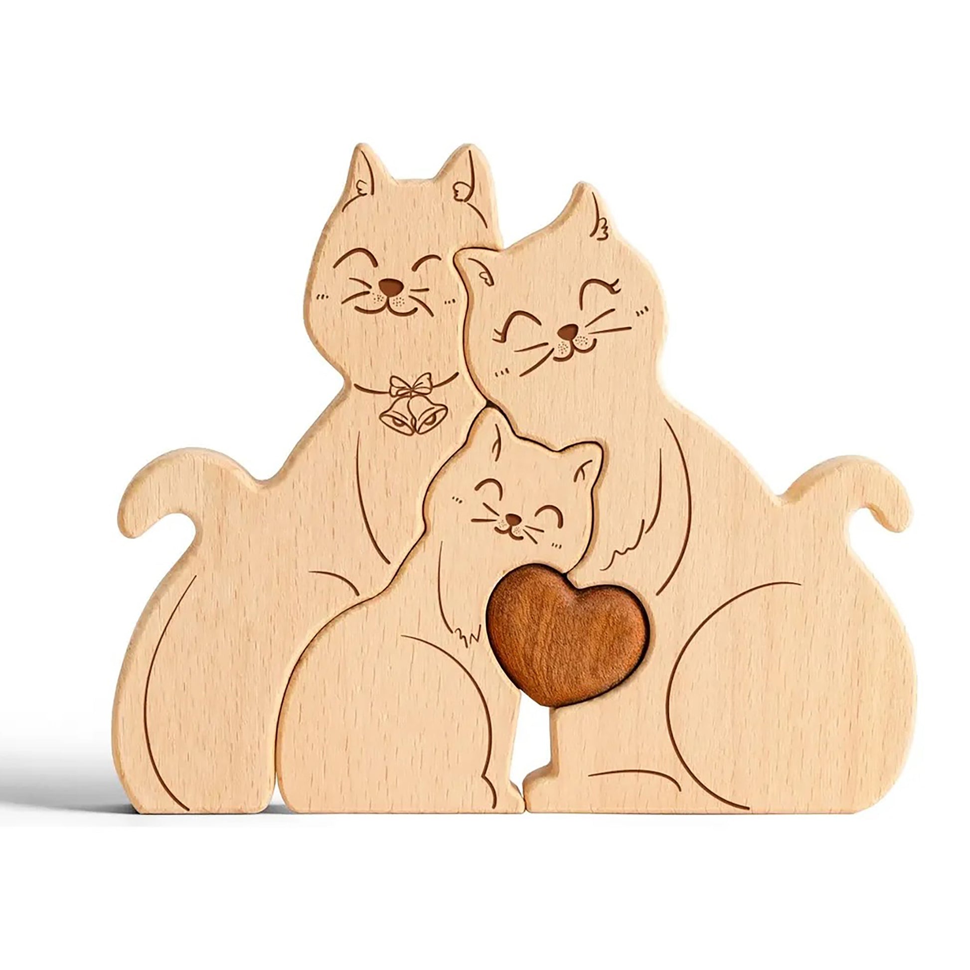 鈴の付いた、寄り添う猫の名入れ木製パズル。仲の良さを感じさせるこのデザインは、新生活の始まりを祝う結婚祝いや、大切な友人への誕生日プレゼントに最適な贈り物です。
