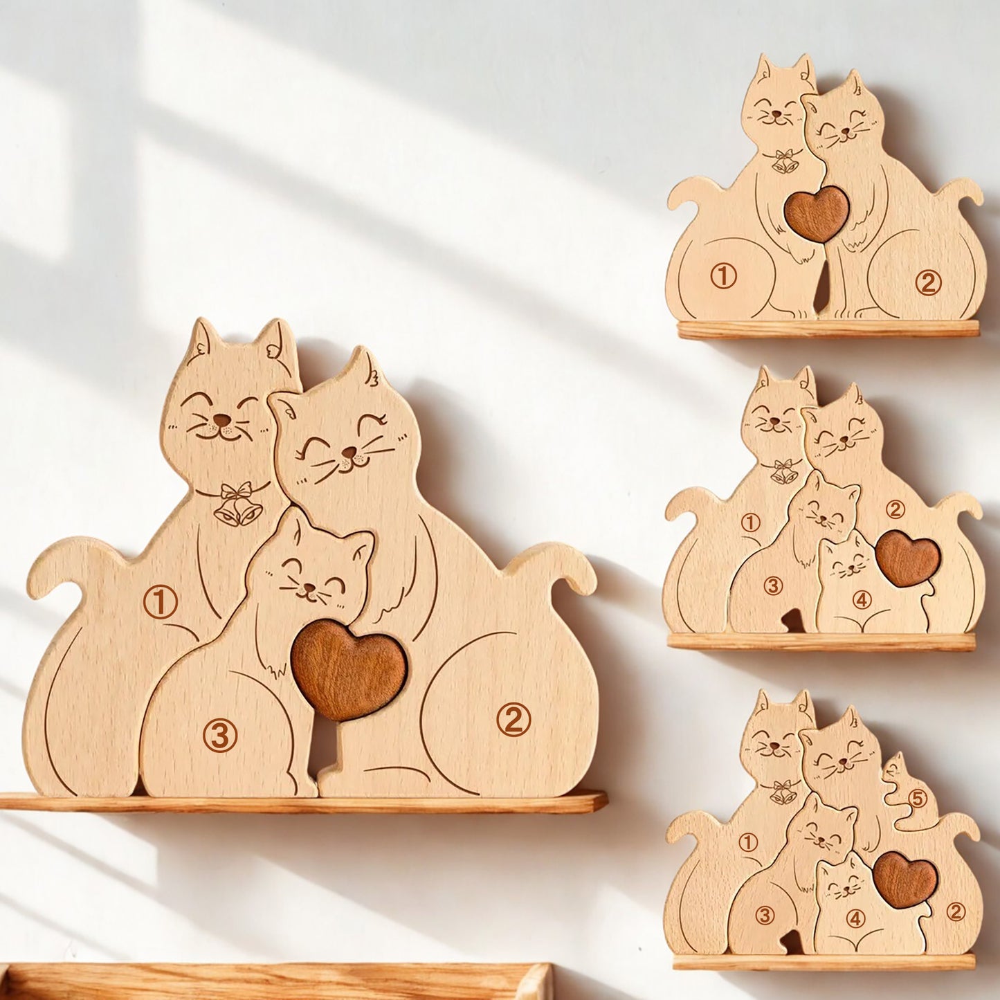鈴の付いた、寄り添う猫の名入れ木製パズル。仲の良さを感じさせるこのデザインは、新生活の始まりを祝う結婚祝いや、大切な友人への誕生日プレゼントに最適な贈り物です。