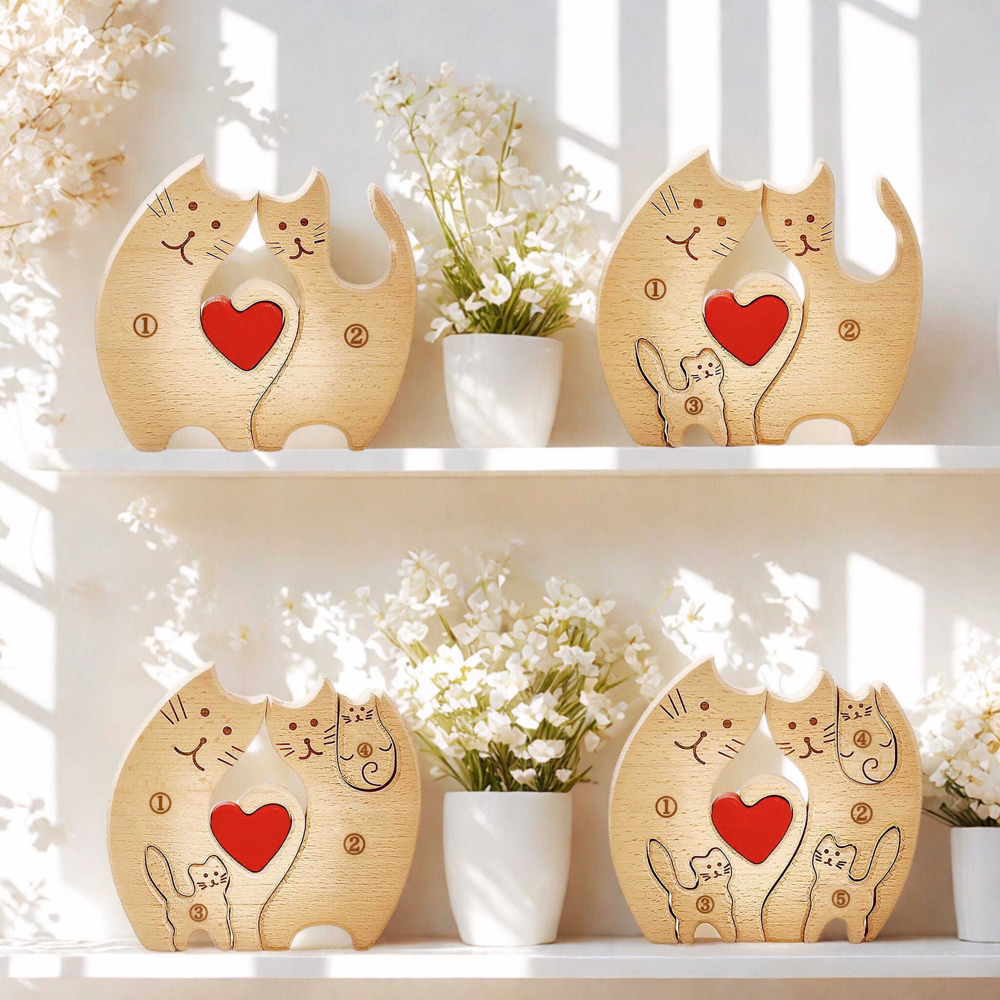 悪戯っ子猫の名入れ木製パズル。いたずらな姿に思わず笑みがこぼれる、愛らしくてちょっぴり茶目っ気たっぷりのデザイン。猫好きの大切な友人への最高の誕生日プレゼントや、毎日に癒やしと笑いを添えるご自宅用のギフトに。