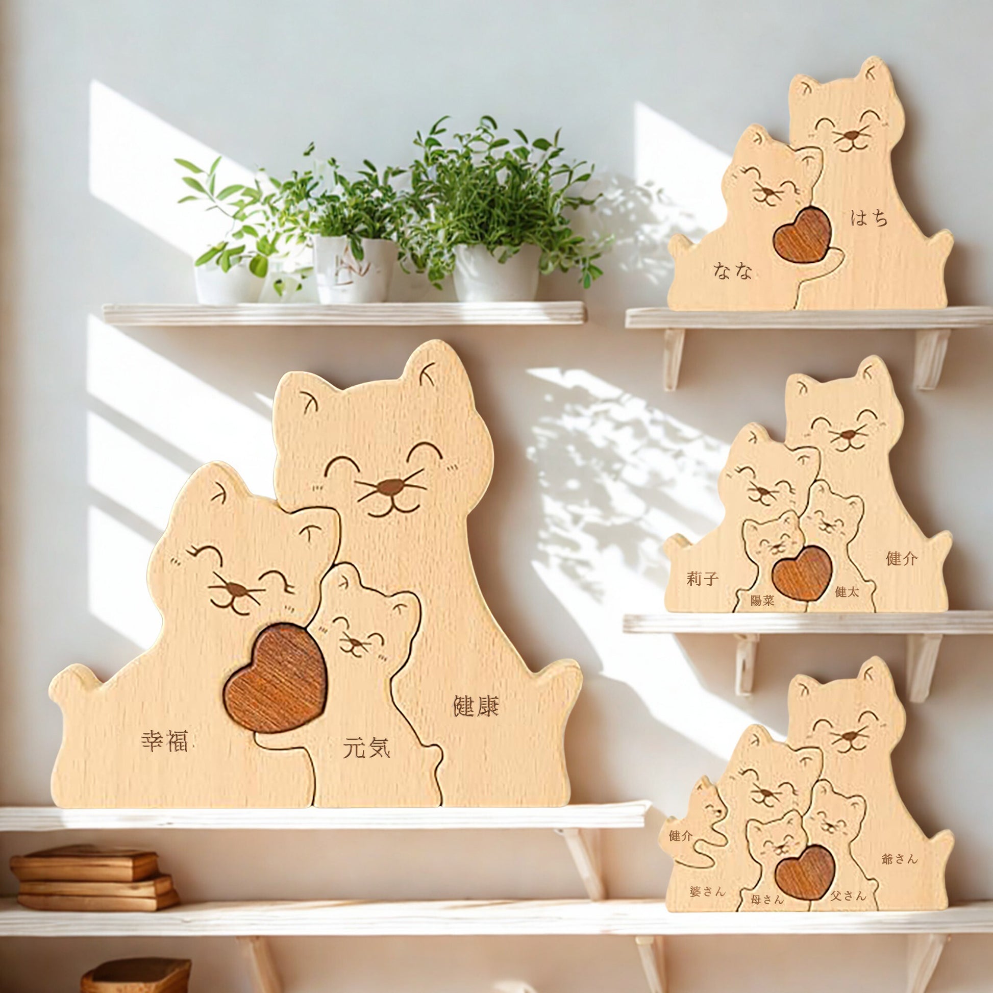 仲良く寄り添う猫の名入れパズル。見ているだけで温かい気持ちになれるデザインは、猫好きの友人やご夫婦への心のこもった贈り物として、結婚祝いや誕生日に喜ばれます。