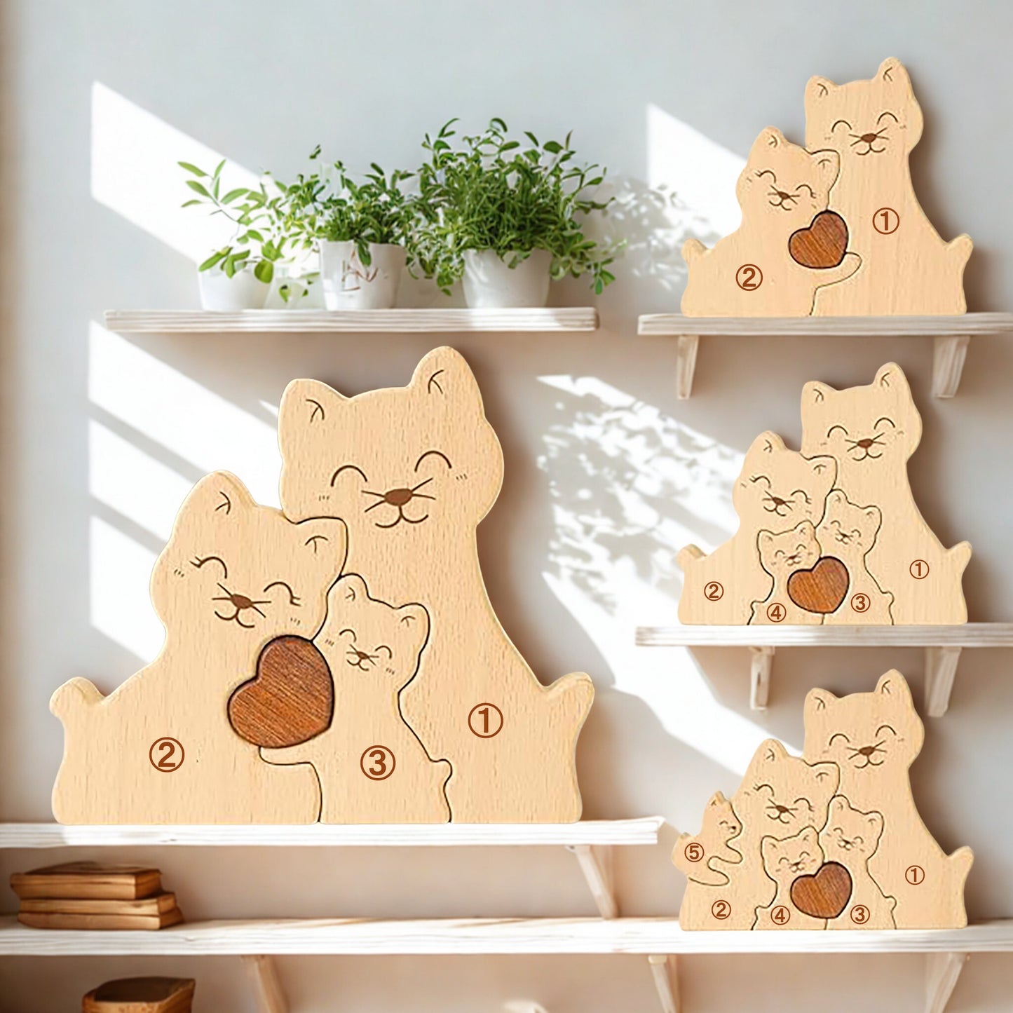仲良く寄り添う猫の名入れパズル。見ているだけで温かい気持ちになれるデザインは、猫好きの友人やご夫婦への心のこもった贈り物として、結婚祝いや誕生日に喜ばれます。