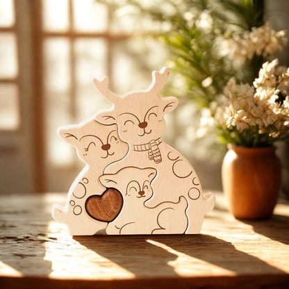 寄り添う鹿の名入れ木製パズル。優雅で平和の象徴である鹿の親子が、温もりと安らぎを届けます。新たな命を祝う出産祝いや、家族の絆を深める結婚記念日に最適な贈り物です。