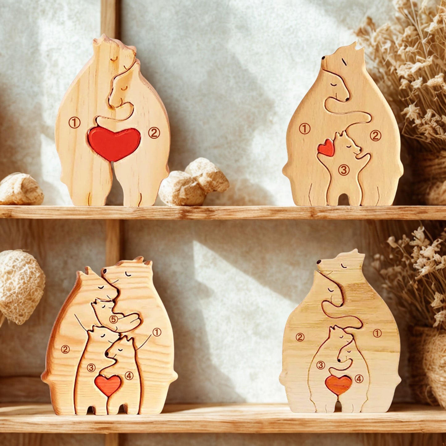深く抱き合う熊一家の名入れ木製パズル。強くて大きな熊の親が、我が子をしっかりと腕の中に包み込む姿は、世界で一番安全な場所である「家庭」の象徴。何ものにも代えがたい家族の愛と、絶対的な守護の思いを込めた、出産祝いや結婚祝いの贈り物に最適です。