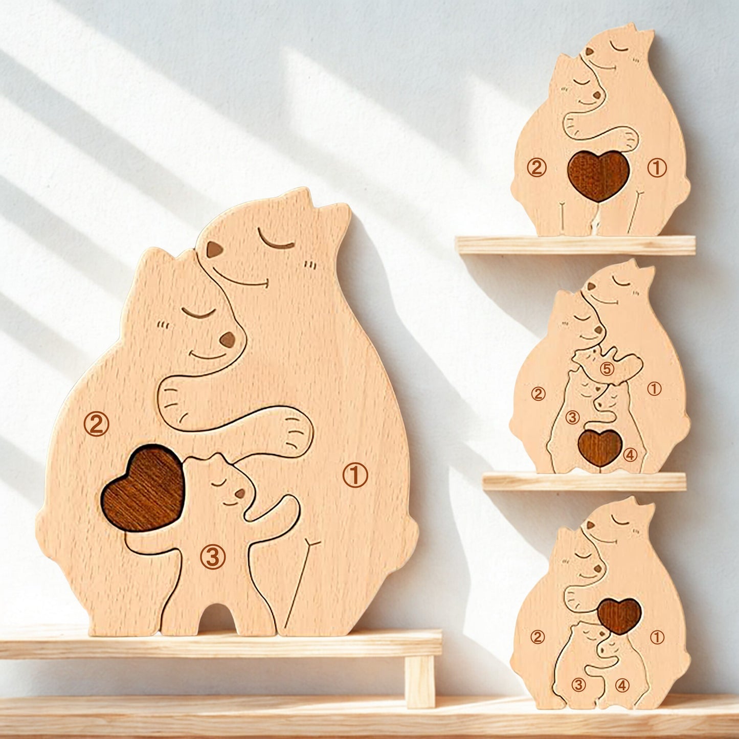 抱き合う熊の名入れ木製パズル。出産祝い、結婚記念日、誕生日の贈り物にぴったりです。