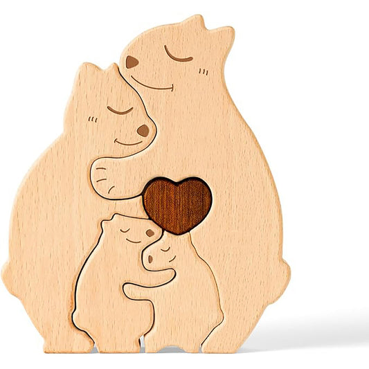 抱き合う熊の名入れ木製パズル。出産祝い、結婚記念日、誕生日の贈り物にぴったりです。