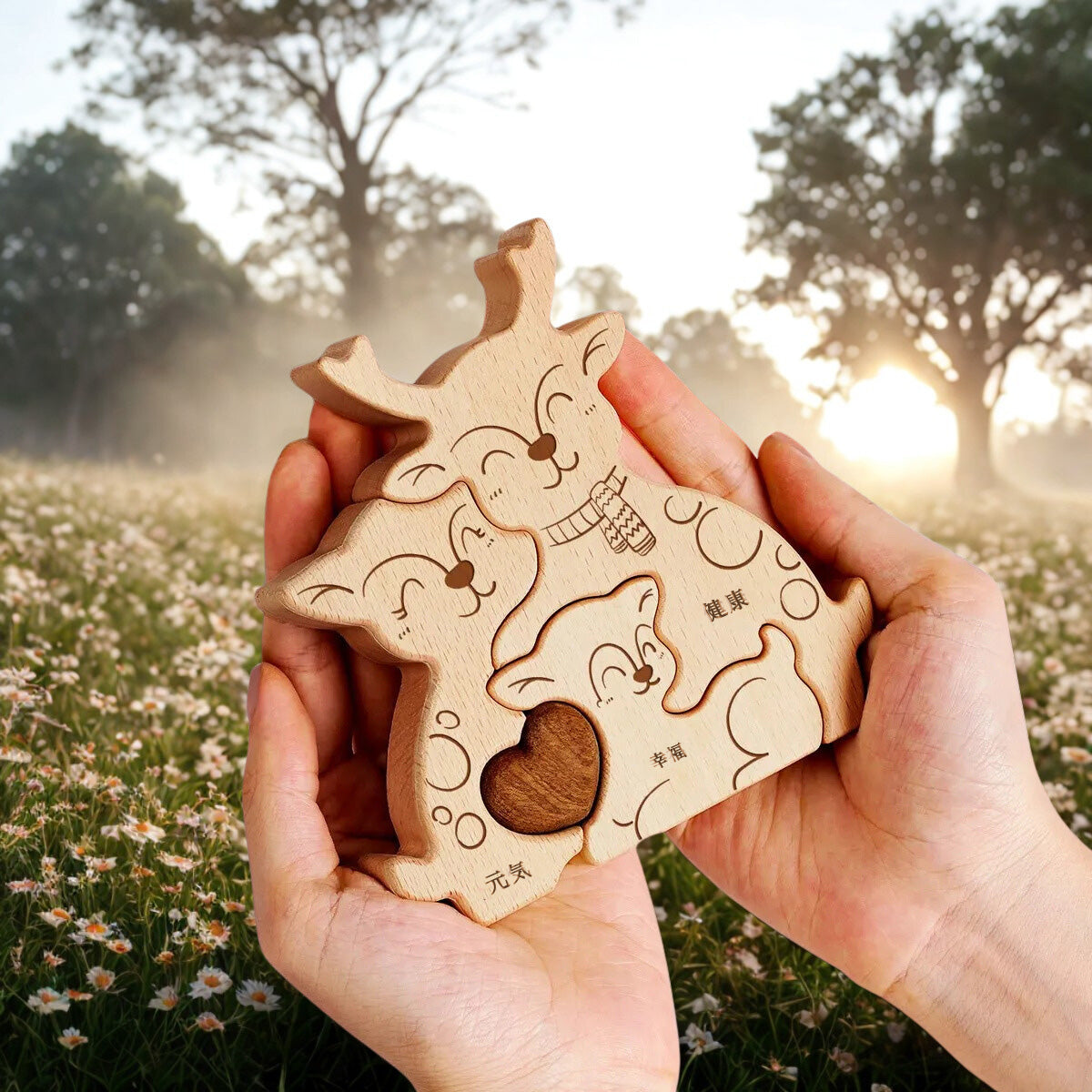 寄り添う鹿の名入れ木製パズル。優雅で平和の象徴である鹿の親子が、温もりと安らぎを届けます。新たな命を祝う出産祝いや、家族の絆を深める結婚記念日に最適な贈り物です。