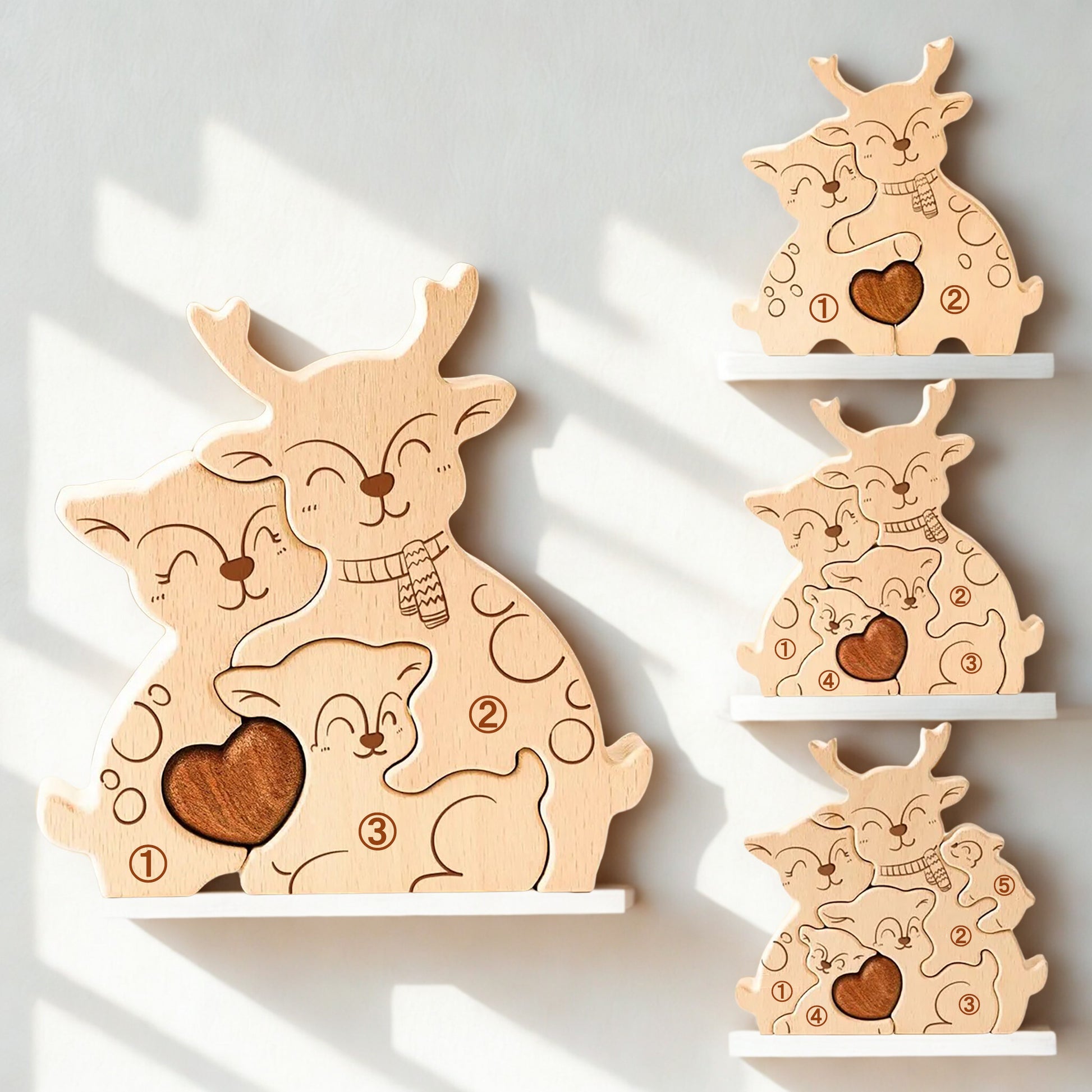 寄り添う鹿の名入れ木製パズル。優雅で平和の象徴である鹿の親子が、温もりと安らぎを届けます。新たな命を祝う出産祝いや、家族の絆を深める結婚記念日に最適な贈り物です。