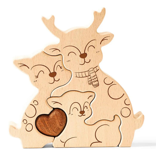 寄り添う鹿の名入れ木製パズル。優雅で平和の象徴である鹿の親子が、温もりと安らぎを届けます。新たな命を祝う出産祝いや、家族の絆を深める結婚記念日に最適な贈り物です。