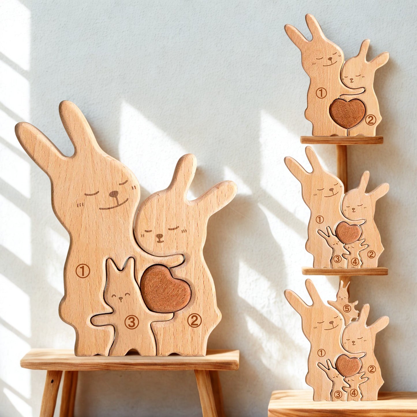 温かいウサギ一家の名入れ木製パズル。愛らしい子ウサギと、それを優しく見守る親ウサギの姿は、家庭の温もりと子孫繁栄の幸せな象徴。新たな家族の絆を祝う出産祝いや、家庭の円満を願う結婚祝いの贈り物に最適です。