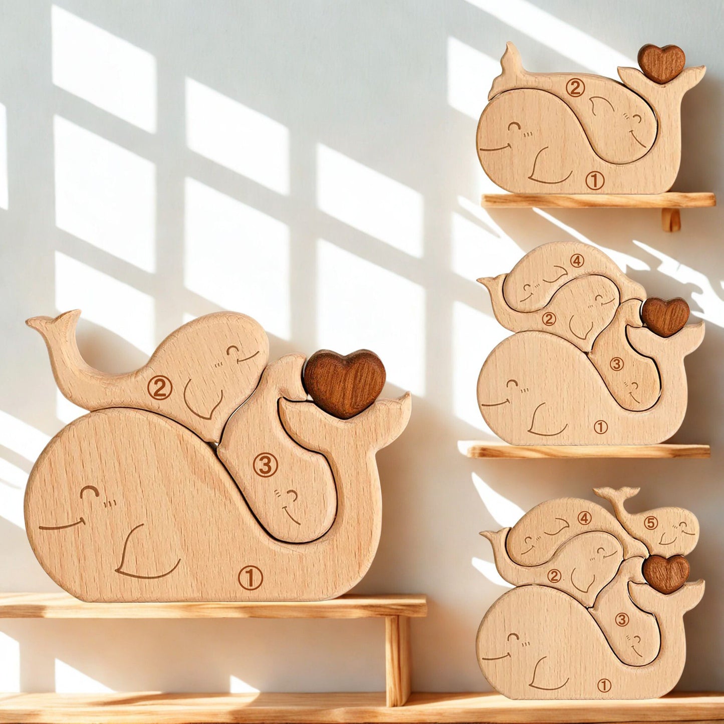 寄り添う鯨の親子の名入れ木製パズル。大海原という広大な世界で、寄り添いながら生きる生命の深い絆と守護をデザインに込めました。新たな生命の誕生を祝う出産祝いや、人生という大海を共に航海する二人への結婚祝いに最適な贈り物です。