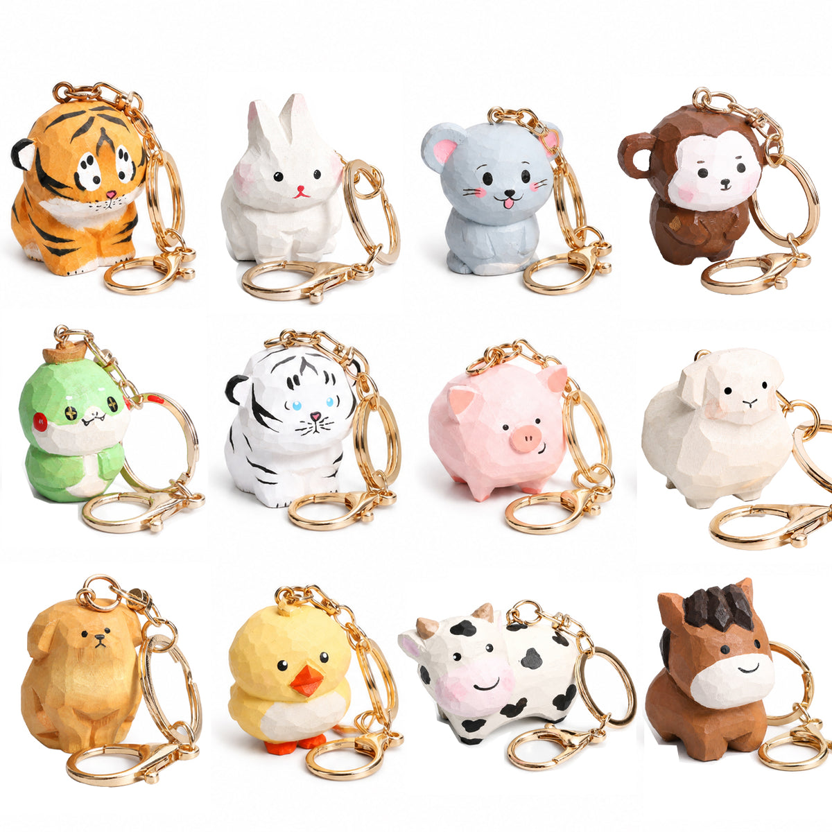 【名入れ｜2点セット｜ラッピング付き】木製 アニマル キーホルダー  名入れ無料 動物 可愛い 十二支 バッグチャーム ペア 彼女/友達への贈り物 木彫り 誕生日プレゼント ミニチュア 癒し