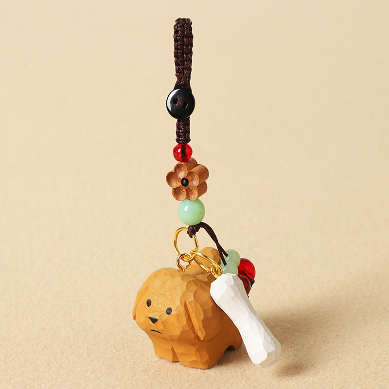 手作りの犬の木彫りチャームと置物。天然木と天然石を使用した、お守りとしても最適な贈り物。