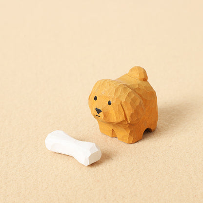 手作りの犬の木彫り置物。天然木と天然石を使用した、お守りとしても最適な贈り物。