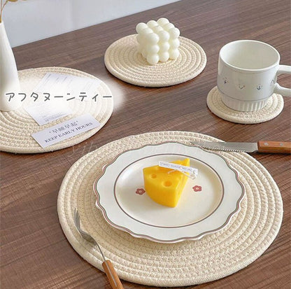 ランチョンマット 鍋敷き 北欧 綿 コースター 楕円形 丸形 ニット おしゃれ かわいい 編み 鍋しき コットン 手編み 断熱 コップ ポット プレース 敷き マット インテリア - RabbPig