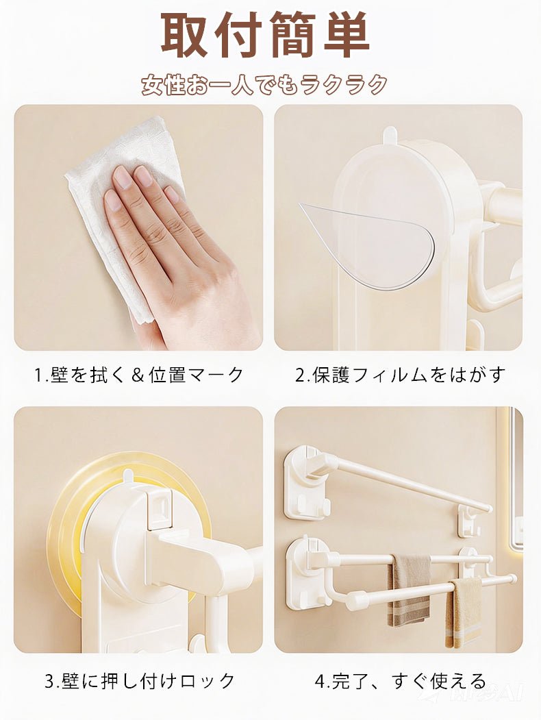 タオルハンガー 1段/2段 幅30cm/40cm/50cm/60cm/70cm 吸着式 タオル掛け フック付き タオルバー 壁付け シンプル 賃貸 ホテル 洗面所 トイレ タオル 取付簡単 穴あけ不要 壁傷つけない - RabbPig