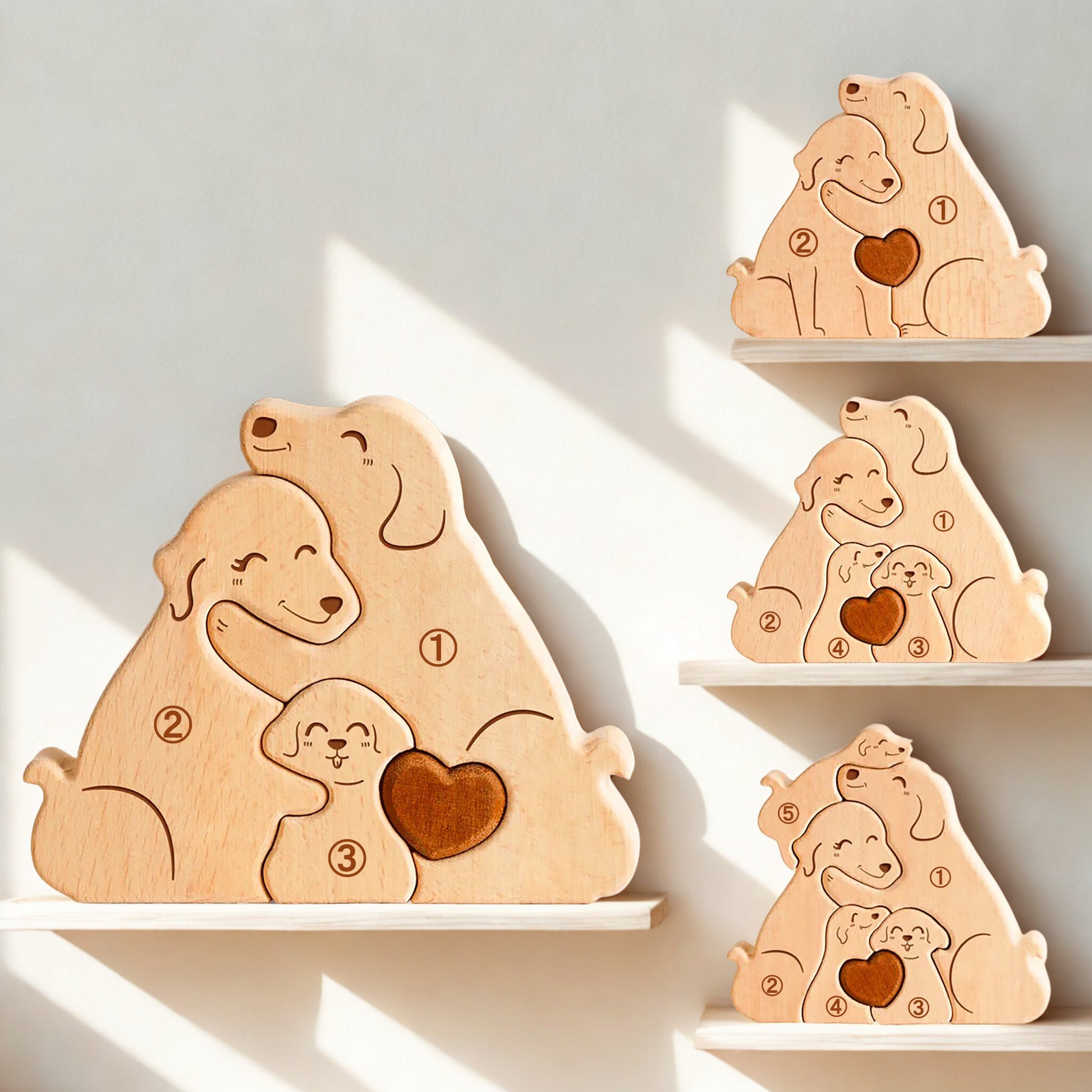 ニコニコする犬の名入れ木製パズル。出産祝い、結婚記念日などに最適なギフトです