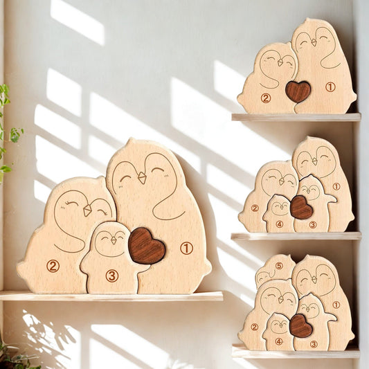 名入れ木製パズル ペンギン｜出産祝い・木婚式・誕生日プレゼントに｜内祝い・結婚記念日・敬老の日贈り物 ｜双子・３人目妊婦さんにも｜30代～50代の妻/両親/母親/父親へ｜癒しのインテリア - RabbPig