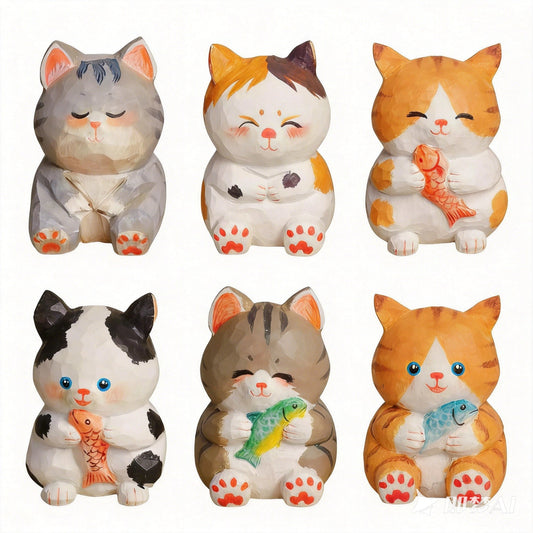 ミニチュア ゆったり猫 木製 可愛い 手作り 木彫り 猫グッズ 置物 癒し 厄除け 開運 オブジェ 小さい 玄関 風水 引越し祝い 贈り物 プレゼント 幸運 木製雑貨 - RabbPig