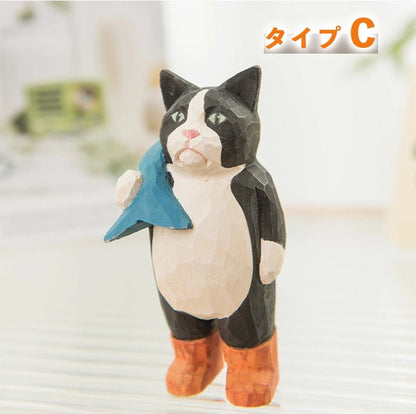 ミニチュア かっこいい猫 木製 可愛い 手作り 木彫り 猫グッズ 置物 癒し 厄除け 開運 オブジェ 小さい 玄関 風水 引越し祝い 贈り物 プレゼント 幸運 木製雑貨 - RabbPig