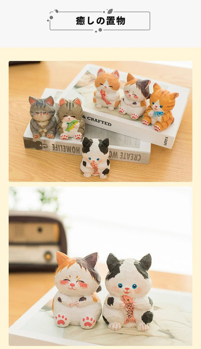 ミニチュア ゆったり猫 木製 可愛い 手作り 木彫り 猫グッズ 置物 癒し 厄除け 開運 オブジェ 小さい 玄関 風水 引越し祝い 贈り物 プレゼント 幸運 木製雑貨 - RabbPig