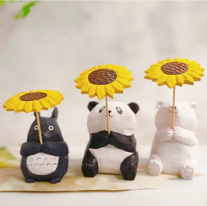 ミニチュア ひまわり 木製 可愛い 手作り 木彫り 動物 置物 癒し 厄除け 祈願 開運 オブジェ 小さい 玄関 風水 引越し祝い 贈り物 プレゼント 縁起物 木製雑貨 - RabbPig