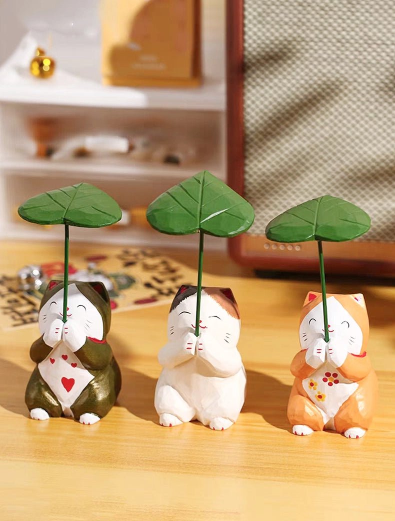 ミニチュア 蓮の葉 木製 可愛い 手作り 木彫り 動物 置物 癒し 厄除け 祈願 開運 オブジェ 小さい 玄関 風水 引越し祝い 贈り物 プレゼント 縁起物 木製雑貨 - RabbPig