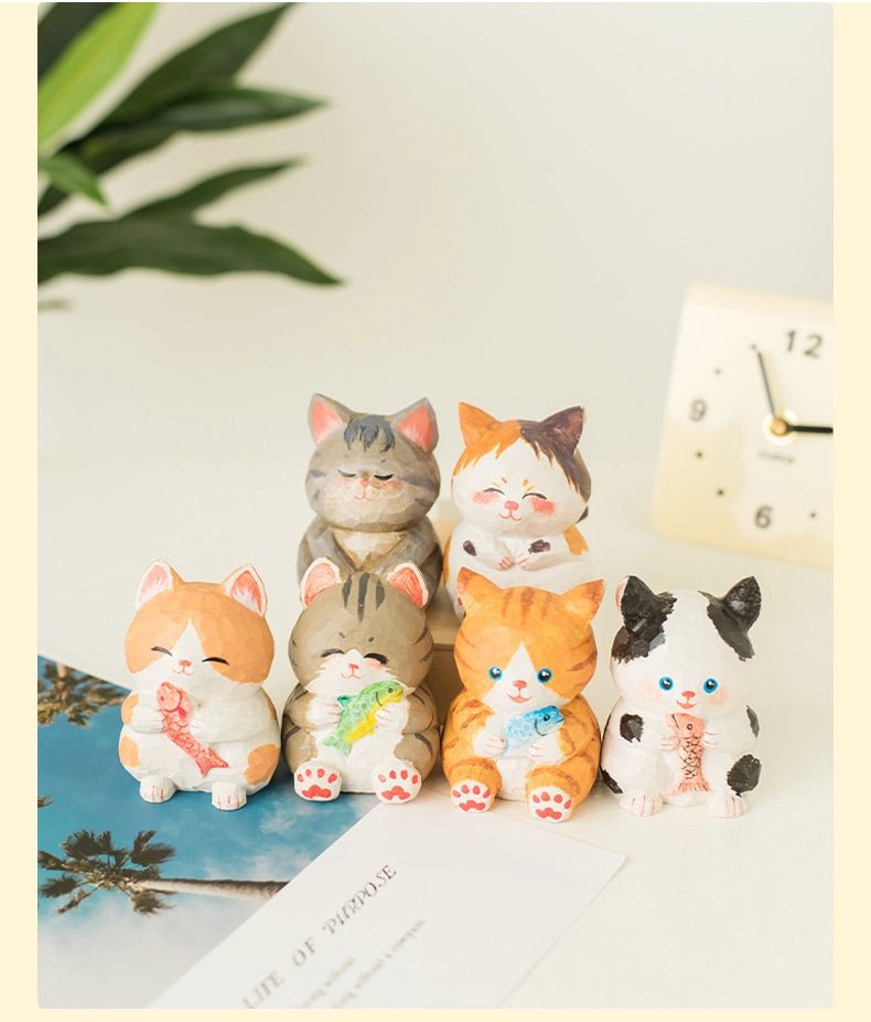 ミニチュア ゆったり猫 木製 可愛い 手作り 木彫り 猫グッズ 置物 癒し 厄除け 開運 オブジェ 小さい 玄関 風水 引越し祝い 贈り物 プレゼント 幸運 木製雑貨 - RabbPig