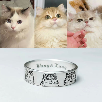 家族の一員だった愛犬・愛猫の画像をオーダーメイド刻印するメモリアルリング。温もりを感じる仕上げで、ずっと側にいるような安心感を。